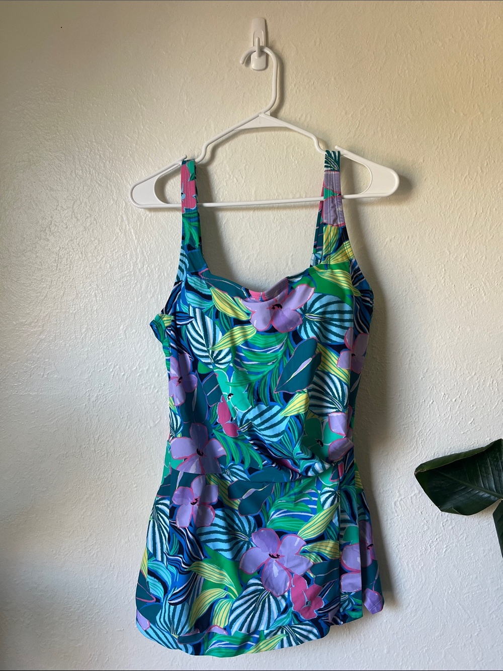 Women’s Floral One-Piece Swim Dress Blue & Green Tropical Print Summer swimming